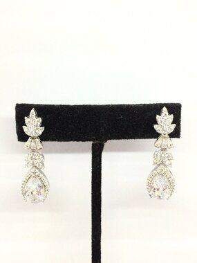 RHINESTONE BRIDAL EARRINGS Silver Tone Dangle Teardrop CZ Wedding Glam Party